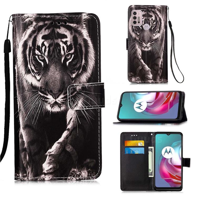 Black and White Tiger Matte Leather Wallet Phone Case for Motorola Moto G30