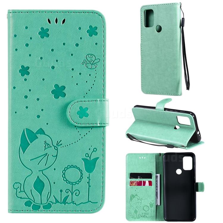 Embossing Bee and Cat Leather Wallet Case for Motorola Moto G30 - Green