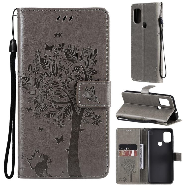 Embossing Butterfly Tree Leather Wallet Case for Motorola Moto G30 - Grey