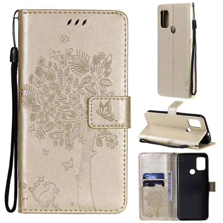 Embossing Butterfly Tree Leather Wallet Case for Motorola Moto G30 - Champagne