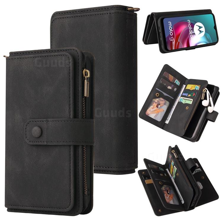 Luxury Multi-functional Zipper Wallet Leather Phone Case Cover for Motorola Moto G30 - Black