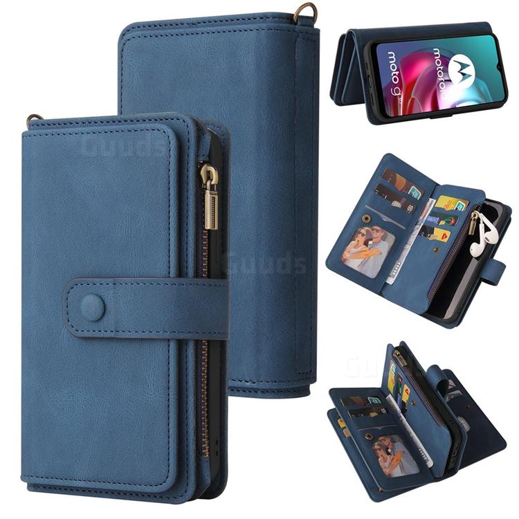 Luxury Multi-functional Zipper Wallet Leather Phone Case Cover for Motorola Moto G30 - Blue