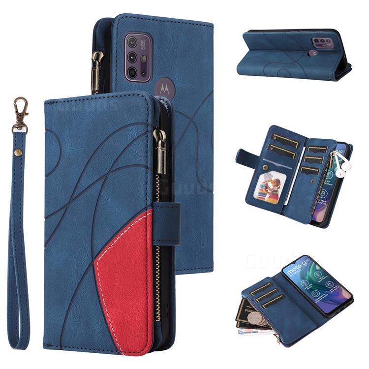 Luxury Two-color Stitching Multi-function Zipper Leather Wallet Case Cover for Motorola Moto G30 - Blue
