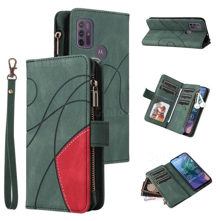 Luxury Two-color Stitching Multi-function Zipper Leather Wallet Case Cover for Motorola Moto G30 - Green