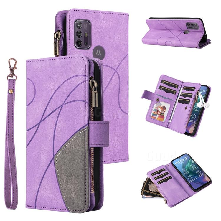 Luxury Two-color Stitching Multi-function Zipper Leather Wallet Case Cover for Motorola Moto G30 - Purple
