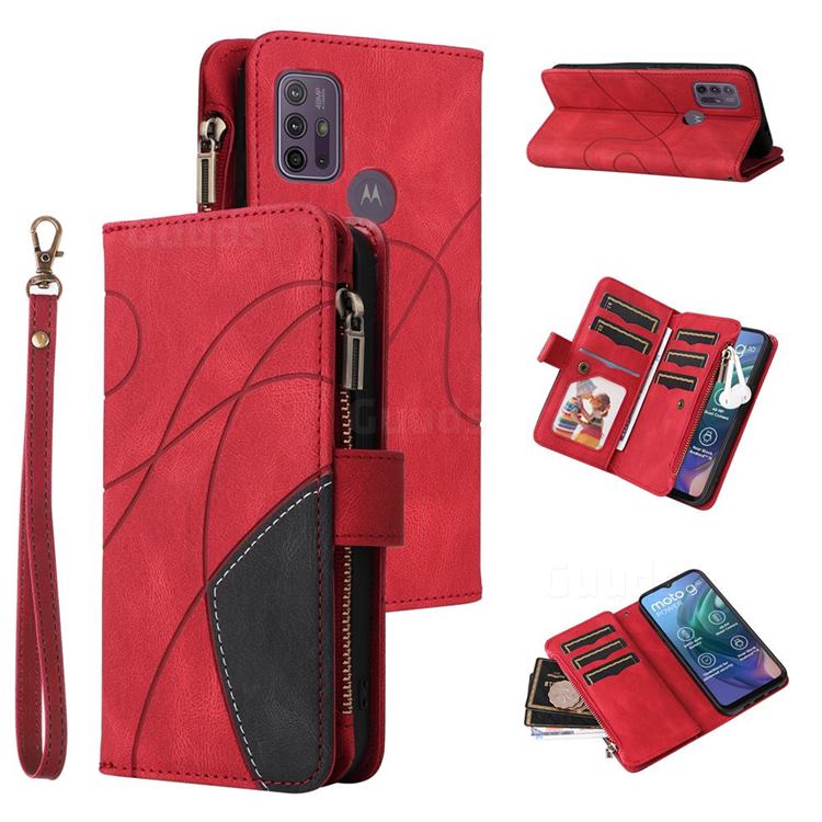 Luxury Two-color Stitching Multi-function Zipper Leather Wallet Case Cover for Motorola Moto G30 - Red