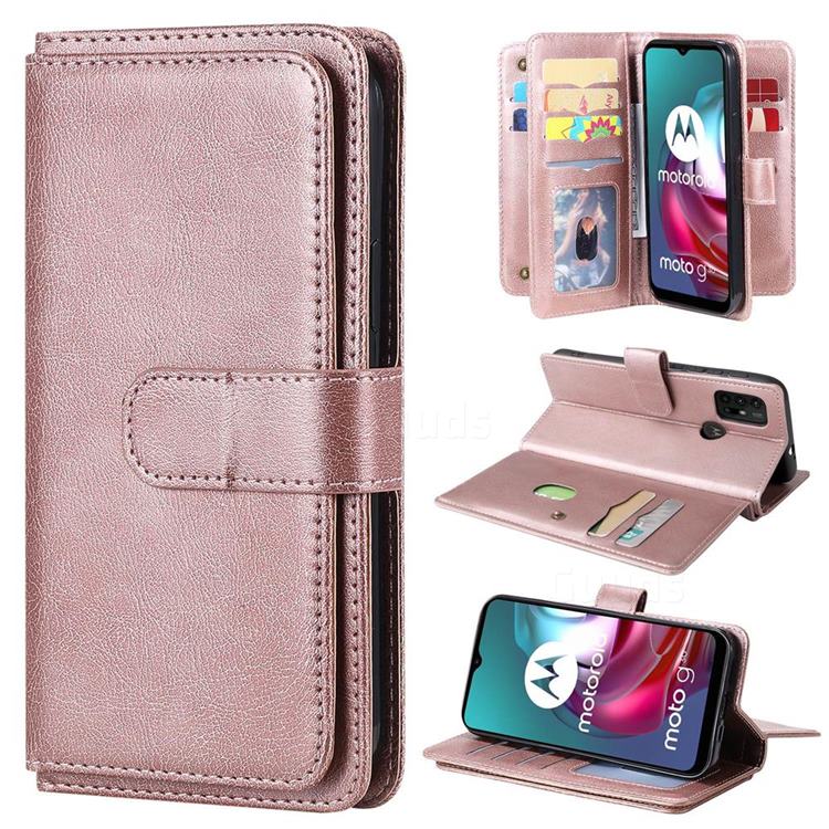 Multi-function Ten Card Slots and Photo Frame PU Leather Wallet Phone Case Cover for Motorola Moto G30 - Rose Gold
