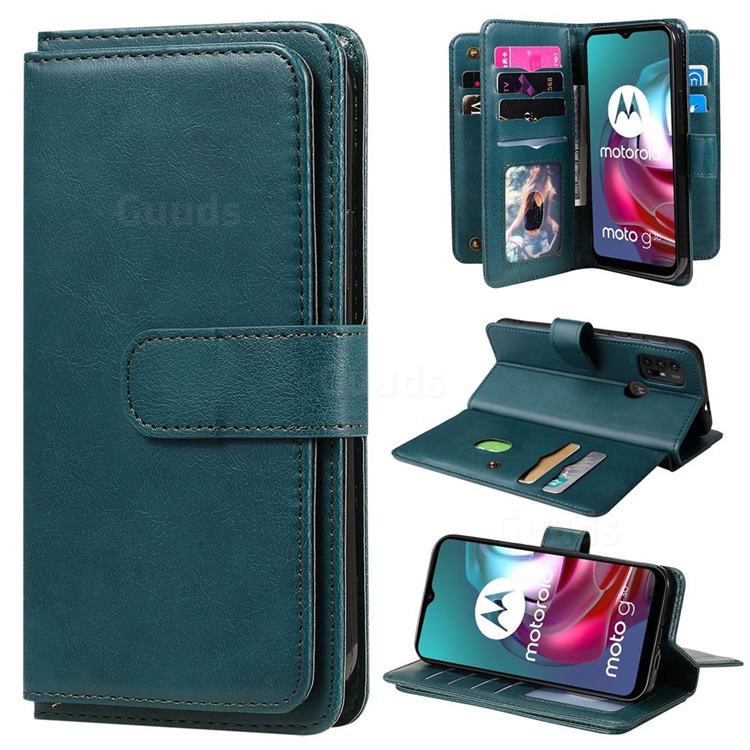 Multi-function Ten Card Slots and Photo Frame PU Leather Wallet Phone Case Cover for Motorola Moto G30 - Dark Green