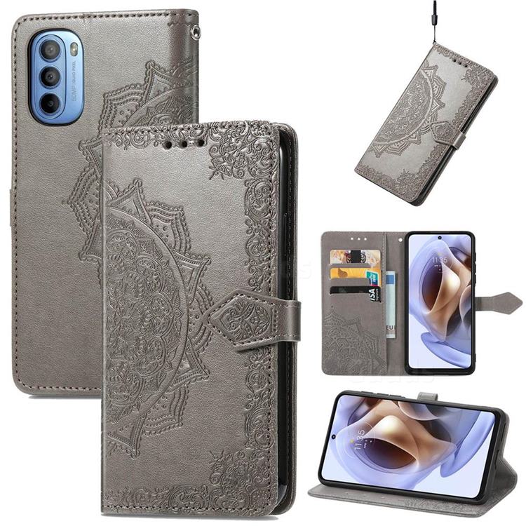 Embossing Imprint Mandala Flower Leather Wallet Case for Motorola Moto G31 G41 - Gray