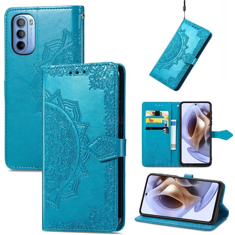 Embossing Imprint Mandala Flower Leather Wallet Case for Motorola Moto G31 G41 - Blue