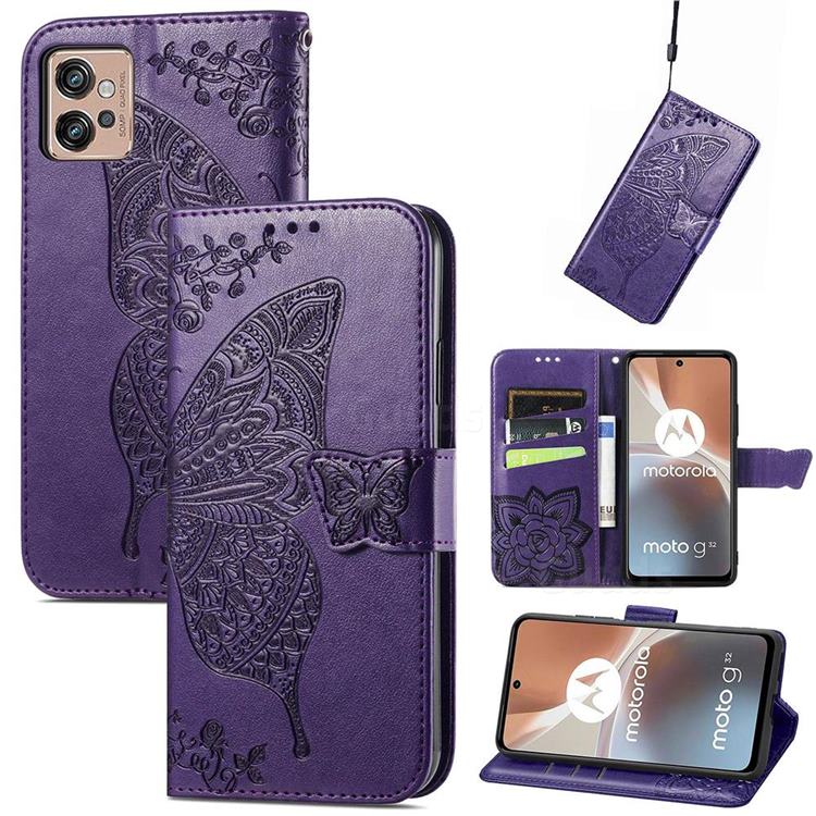 Embossing Mandala Flower Butterfly Leather Wallet Case for Motorola Moto G32 - Dark Purple