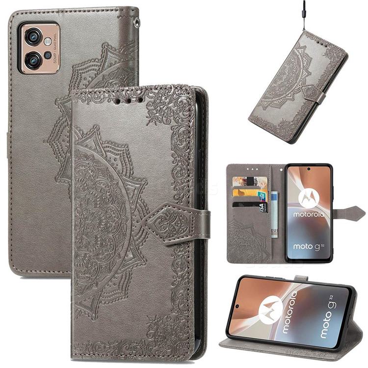 Embossing Imprint Mandala Flower Leather Wallet Case for Motorola Moto G32 - Gray