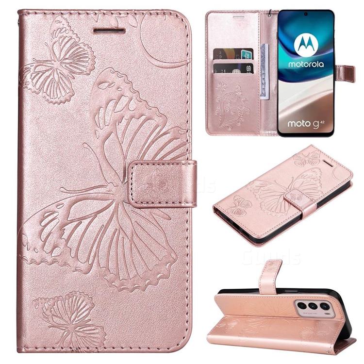 Embossing 3D Butterfly Leather Wallet Case for Motorola Moto G42 - Rose Gold