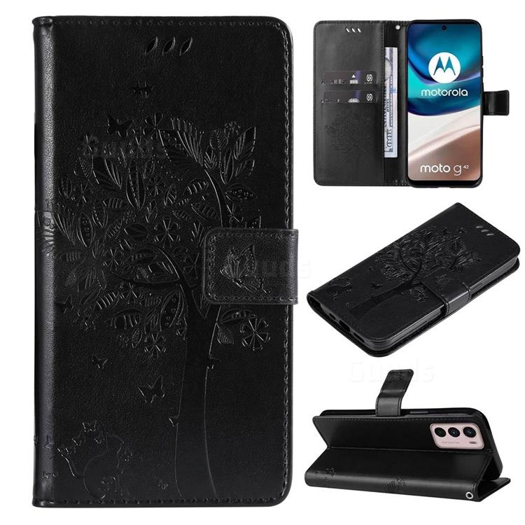Embossing Butterfly Tree Leather Wallet Case for Motorola Moto G42 - Black