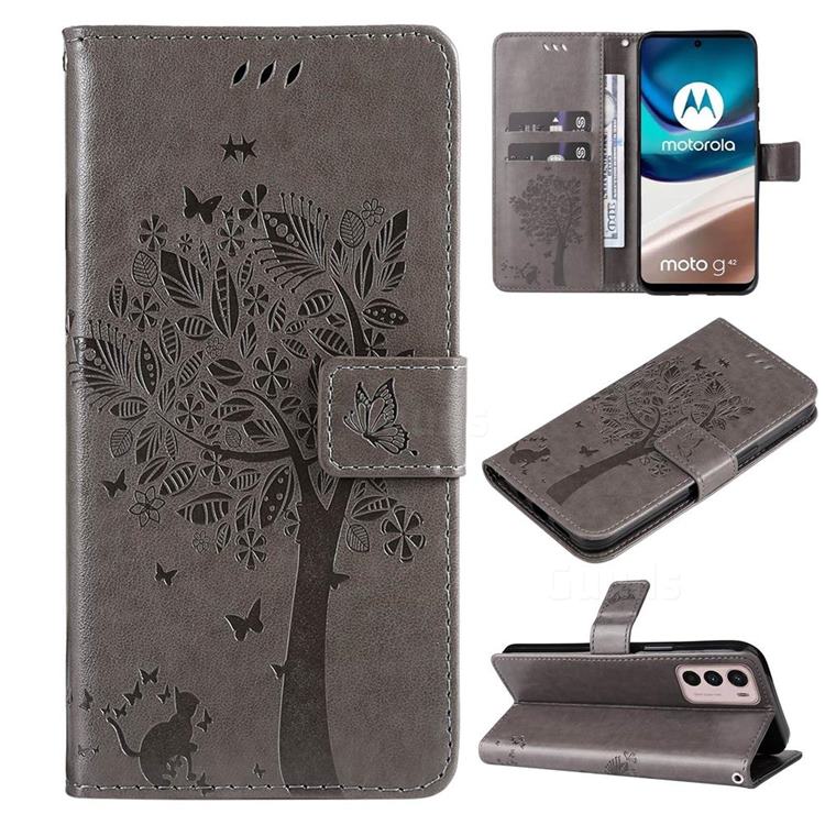 Embossing Butterfly Tree Leather Wallet Case for Motorola Moto G42 - Grey