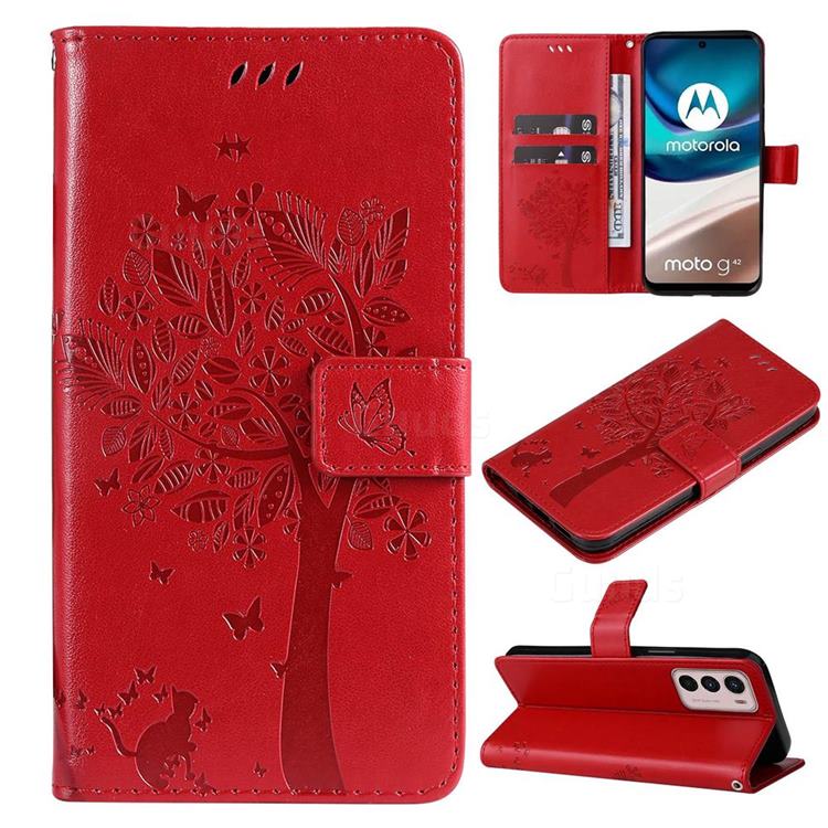 Embossing Butterfly Tree Leather Wallet Case for Motorola Moto G42 - Red