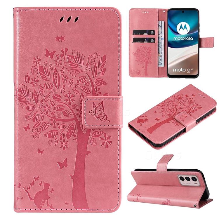 Embossing Butterfly Tree Leather Wallet Case for Motorola Moto G42 - Pink