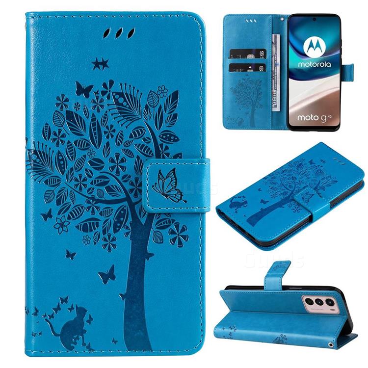 Embossing Butterfly Tree Leather Wallet Case for Motorola Moto G42 - Blue