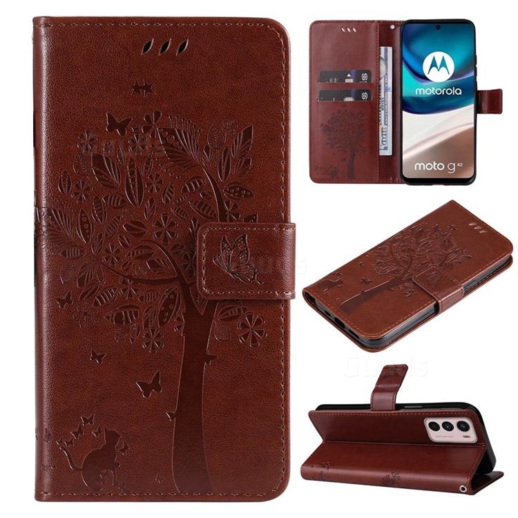 Embossing Butterfly Tree Leather Wallet Case for Motorola Moto G42 - Coffee