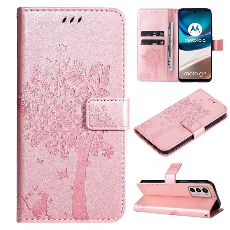 Embossing Butterfly Tree Leather Wallet Case for Motorola Moto G42 - Rose Pink