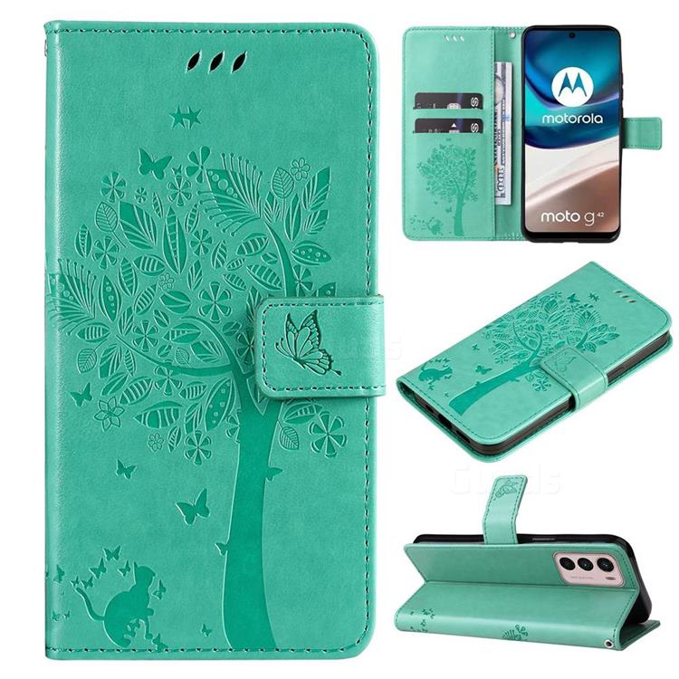 Embossing Butterfly Tree Leather Wallet Case for Motorola Moto G42 - Cyan