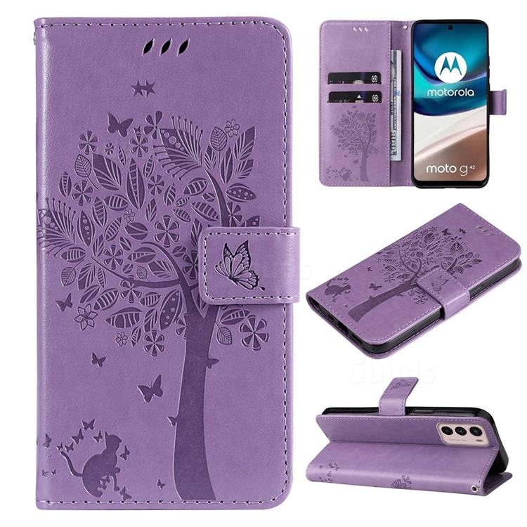 Embossing Butterfly Tree Leather Wallet Case for Motorola Moto G42 - Violet