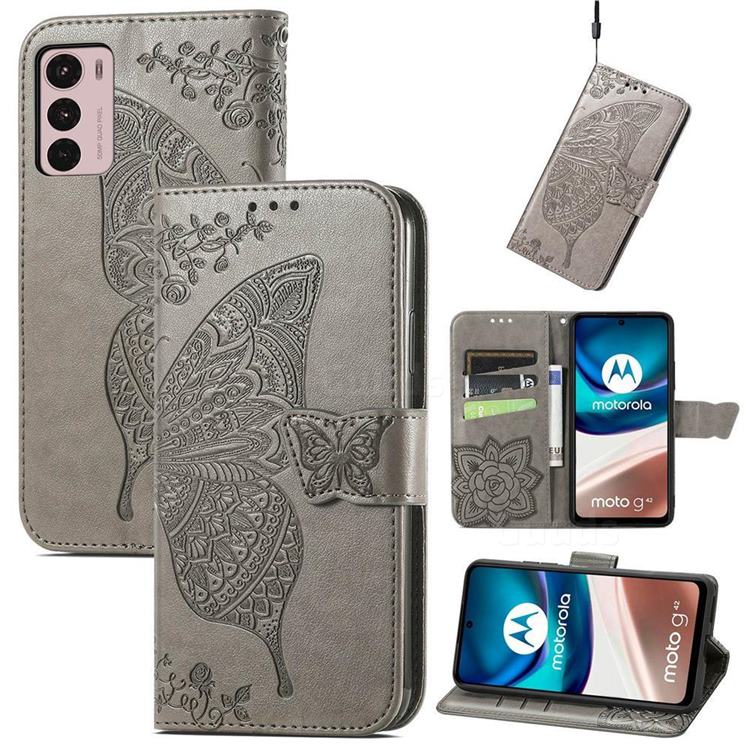 Embossing Mandala Flower Butterfly Leather Wallet Case for Motorola Moto G42 - Gray