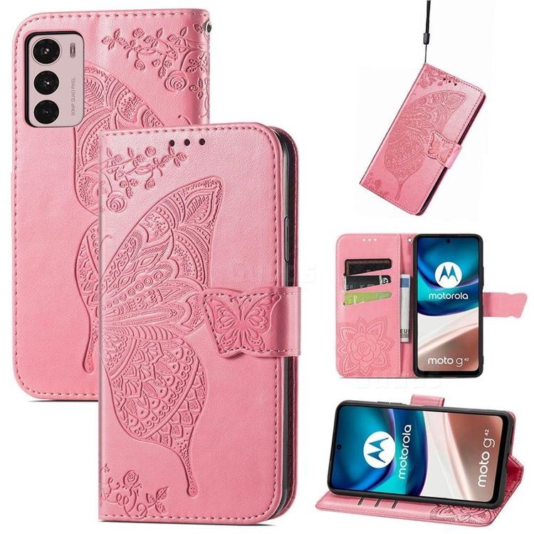 Embossing Mandala Flower Butterfly Leather Wallet Case for Motorola Moto G42 - Pink
