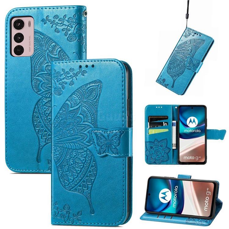 Embossing Mandala Flower Butterfly Leather Wallet Case for Motorola Moto G42 - Blue