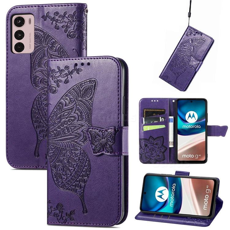 Embossing Mandala Flower Butterfly Leather Wallet Case for Motorola Moto G42 - Dark Purple