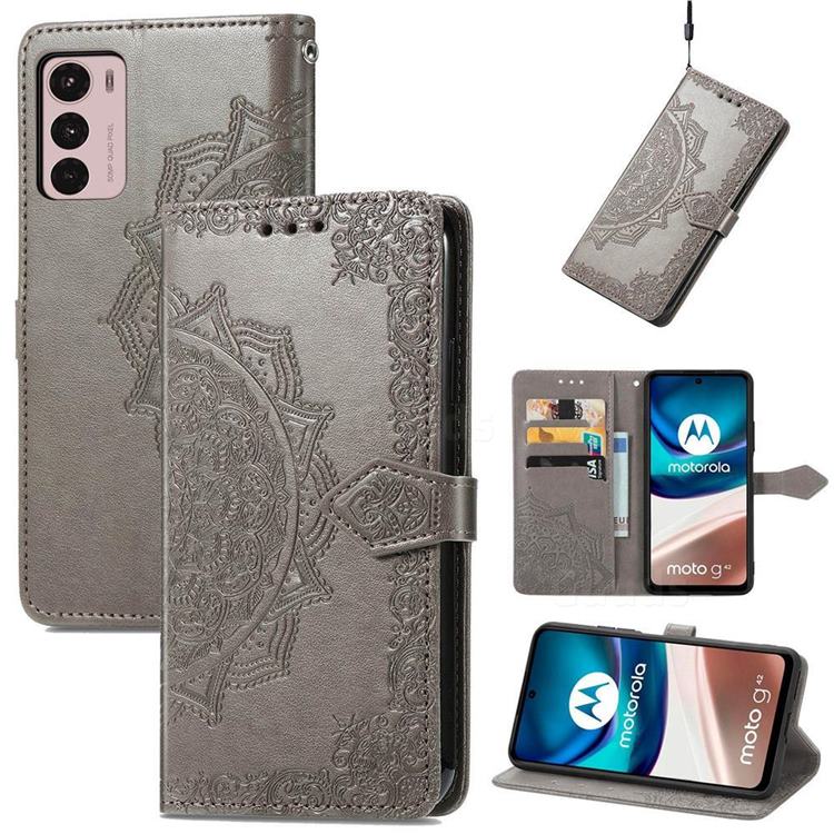Embossing Imprint Mandala Flower Leather Wallet Case for Motorola Moto G42 - Gray