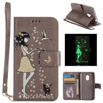 Luminous Flower Girl Cat Leather Wallet Case for Motorola Moto G4 Play - Gray