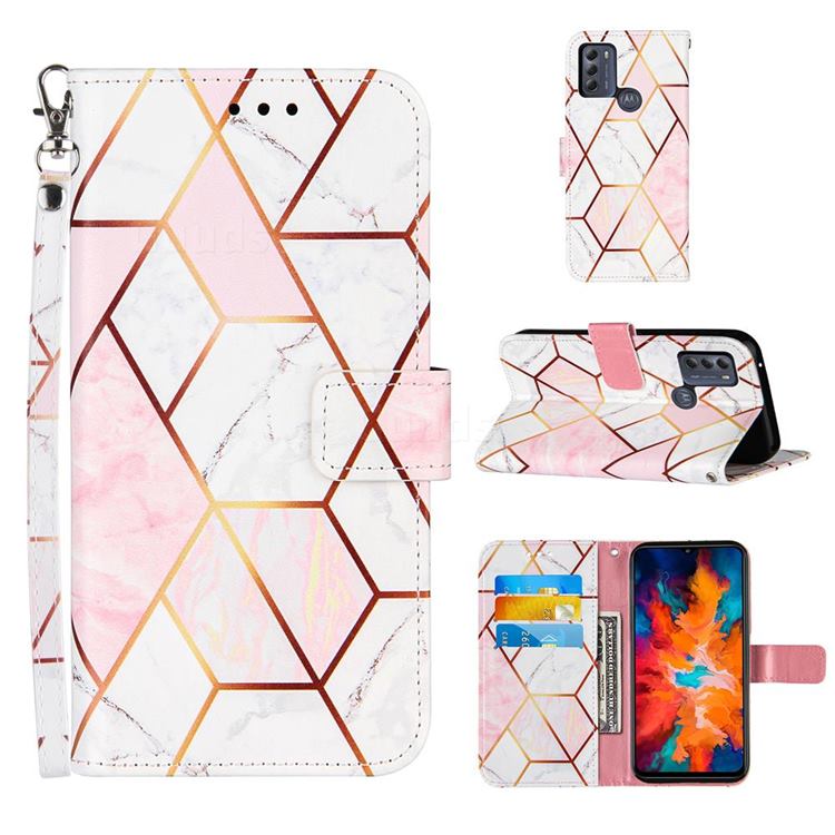 Pink White Stitching Color Marble Leather Wallet Case for Motorola Moto G50