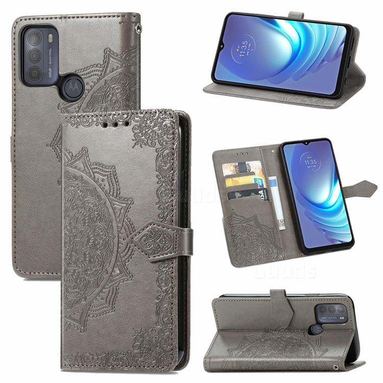 Embossing Imprint Mandala Flower Leather Wallet Case for Motorola Moto G50 - Gray