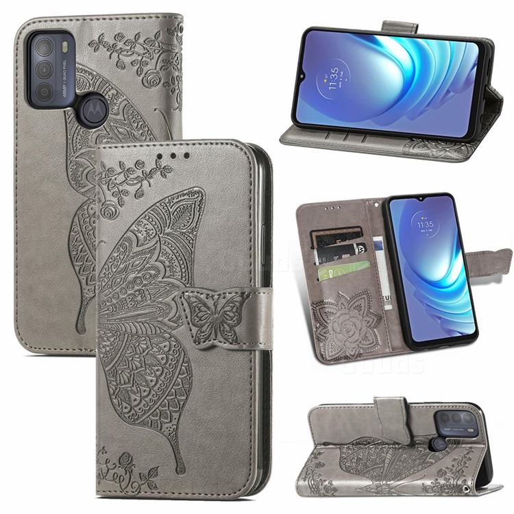 Embossing Mandala Flower Butterfly Leather Wallet Case for Motorola Moto G50 - Gray