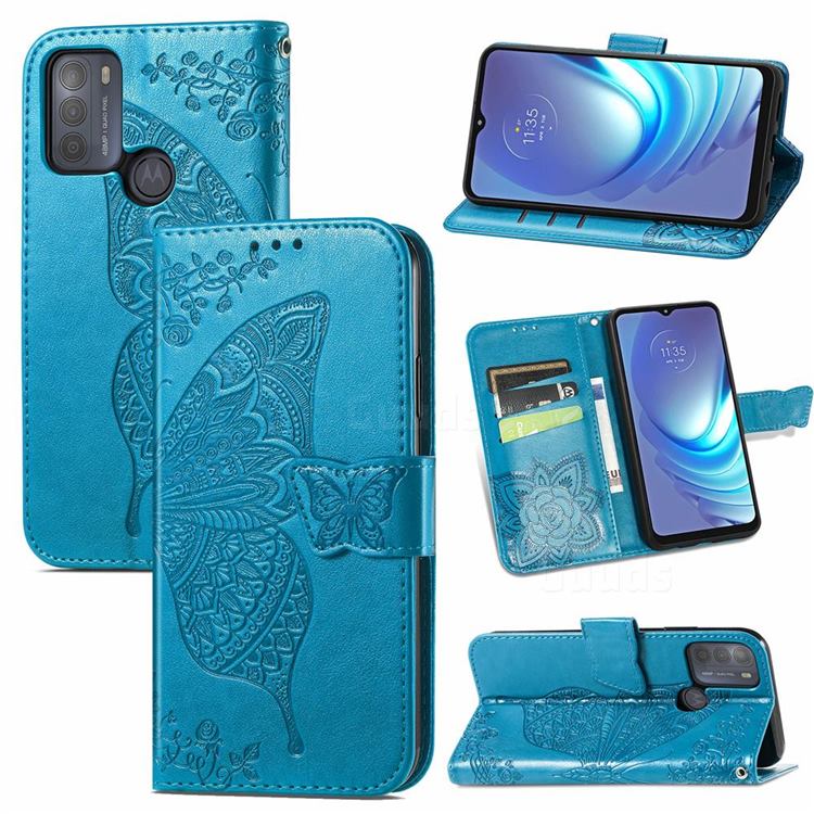 Embossing Mandala Flower Butterfly Leather Wallet Case for Motorola Moto G50 - Blue
