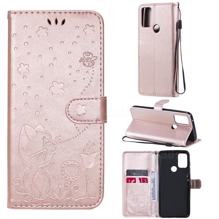 Embossing Bee and Cat Leather Wallet Case for Motorola Moto G50 - Rose Gold