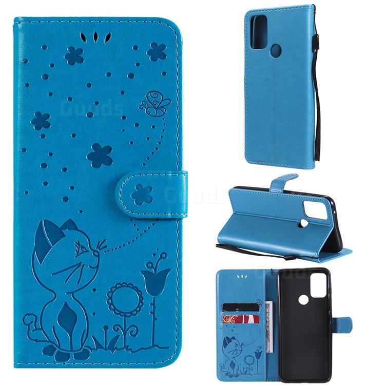 Embossing Bee and Cat Leather Wallet Case for Motorola Moto G50 - Blue