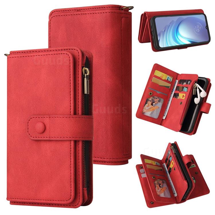 Luxury Multi-functional Zipper Wallet Leather Phone Case Cover for Motorola Moto G50 - Red