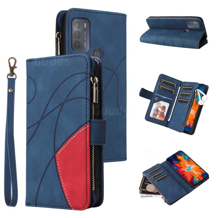 Luxury Two-color Stitching Multi-function Zipper Leather Wallet Case Cover for Motorola Moto G50 - Blue