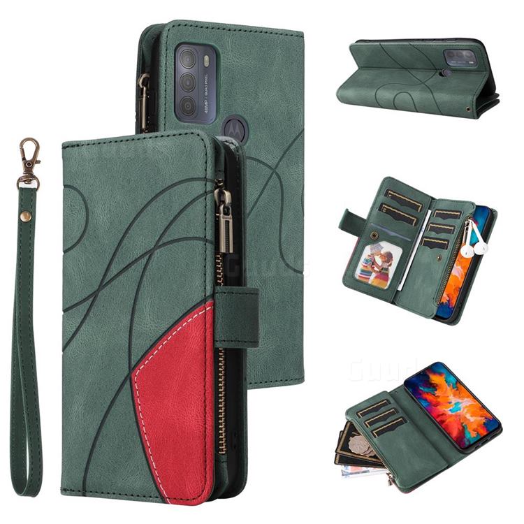 Luxury Two-color Stitching Multi-function Zipper Leather Wallet Case Cover for Motorola Moto G50 - Green
