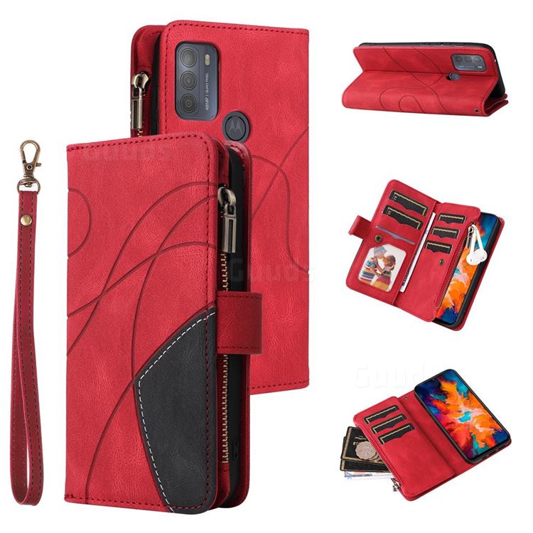 Luxury Two-color Stitching Multi-function Zipper Leather Wallet Case Cover for Motorola Moto G50 - Red