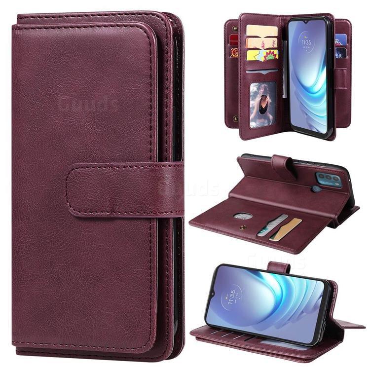 Multi-function Ten Card Slots and Photo Frame PU Leather Wallet Phone Case Cover for Motorola Moto G50 - Claret