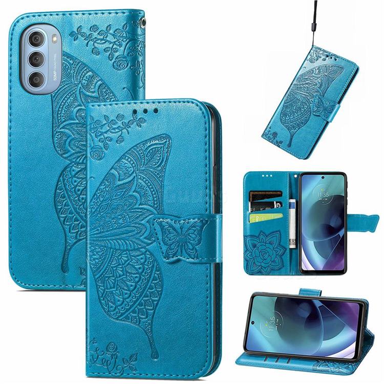 Embossing Mandala Flower Butterfly Leather Wallet Case for Motorola Moto G51 5G - Blue
