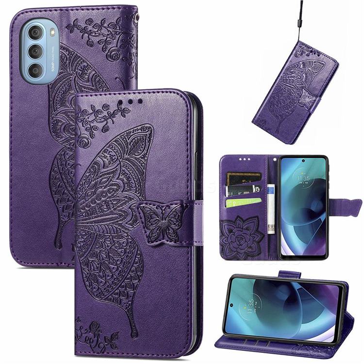 Embossing Mandala Flower Butterfly Leather Wallet Case for Motorola Moto G51 5G - Dark Purple