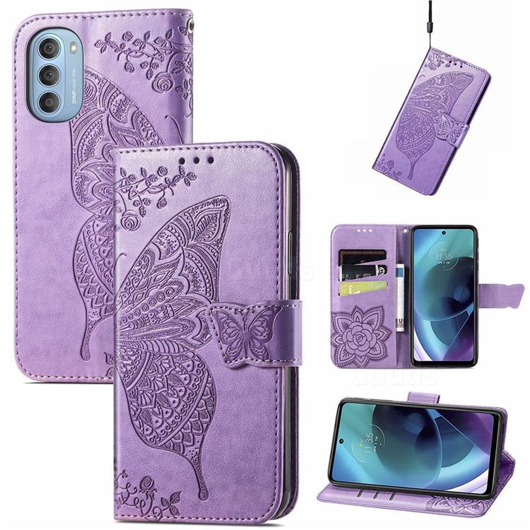 Embossing Mandala Flower Butterfly Leather Wallet Case for Motorola Moto G51 5G - Light Purple