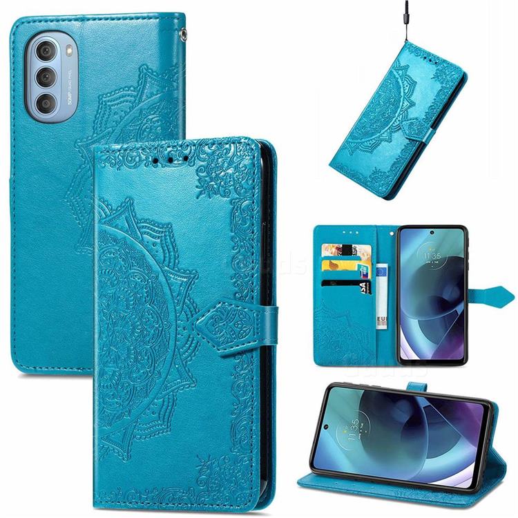 Embossing Imprint Mandala Flower Leather Wallet Case for Motorola Moto G51 5G - Blue