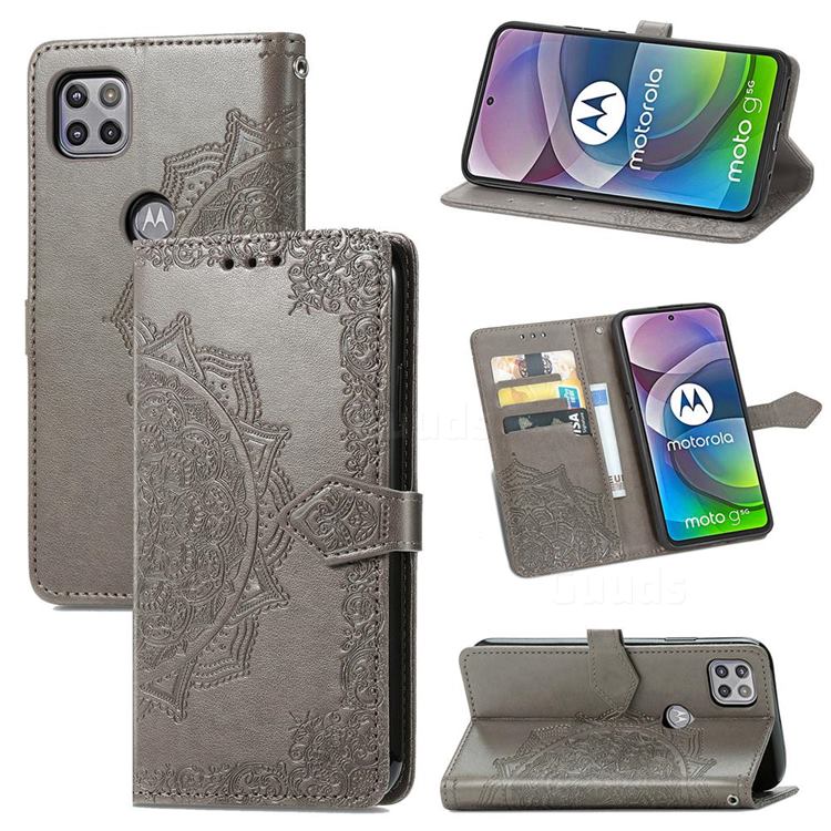 Embossing Imprint Mandala Flower Leather Wallet Case for Motorola Moto G 5G - Gray