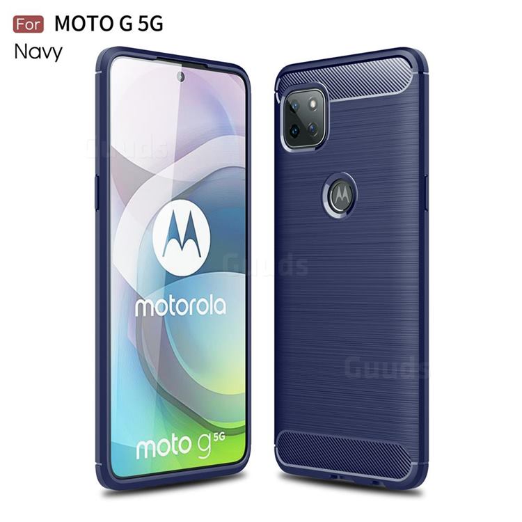 Luxury Carbon Fiber Brushed Wire Drawing Silicone TPU Back Cover for Motorola Moto G 5G - Navy