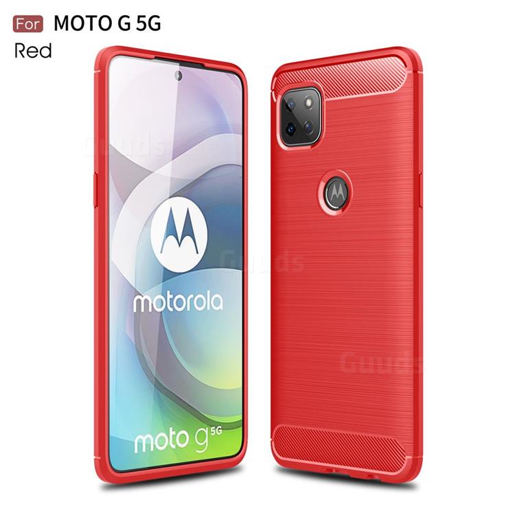 Luxury Carbon Fiber Brushed Wire Drawing Silicone TPU Back Cover for Motorola Moto G 5G - Red